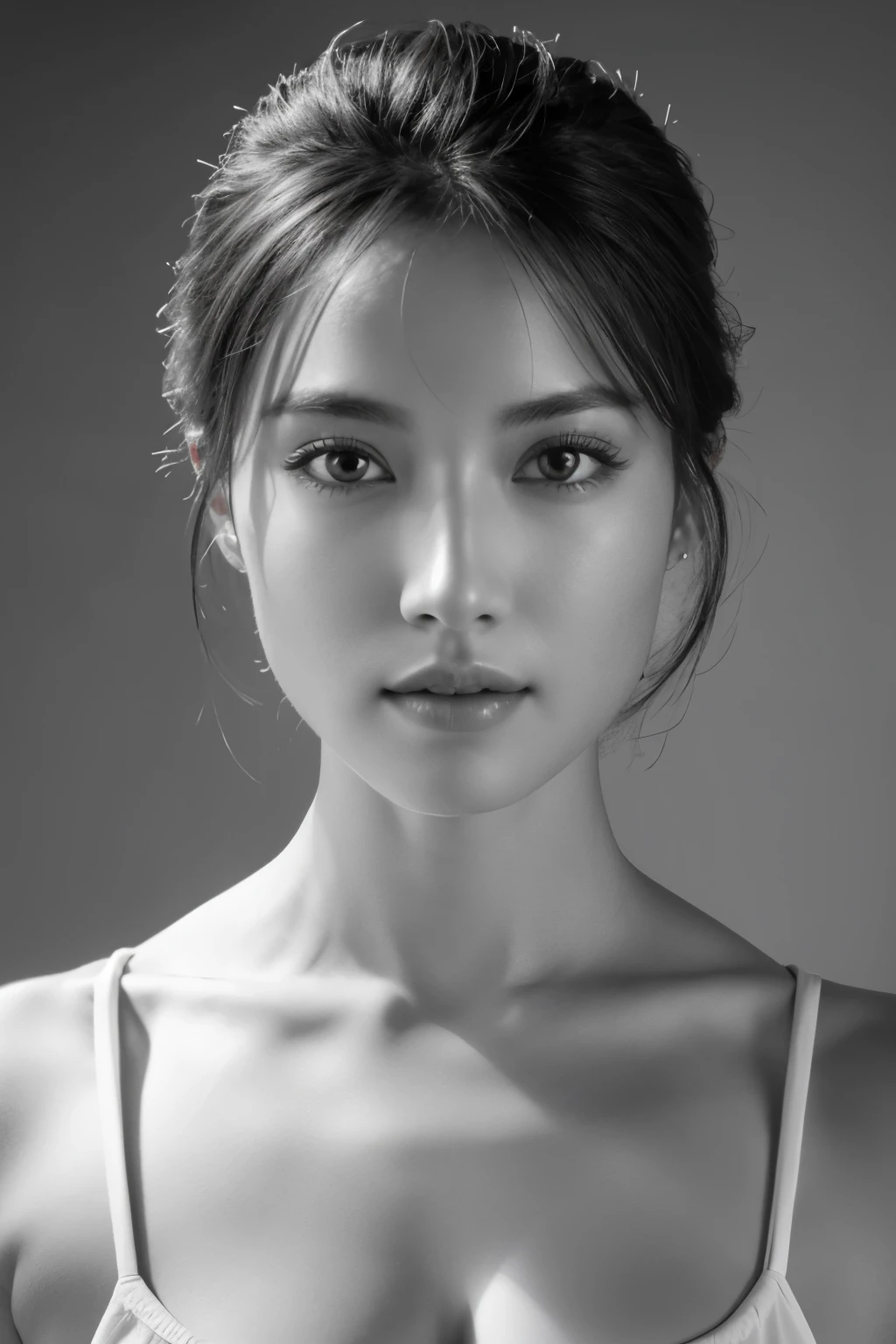 table top, highest quality, Photoreal, Super detailed, finely, High resolution, 8k wallpaper, RAW photo, Professional, Advanced level of detail, (((monochrome photography))), 1 girl, (facing the front), Upper body, perfect face, (Only lips red)