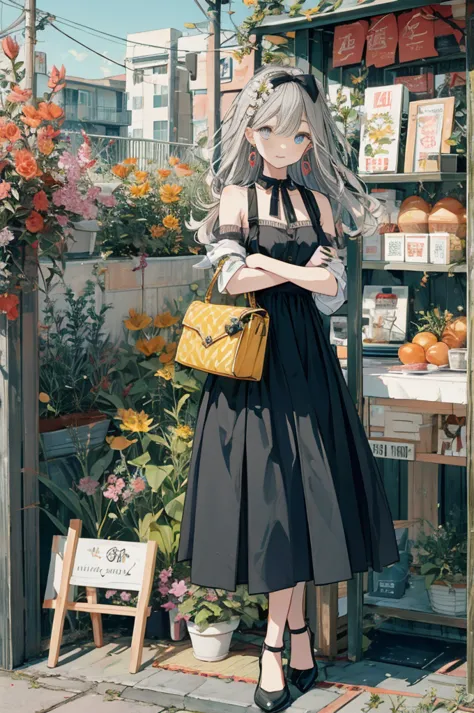 (masterpiece:1.2), highest quality,pixiv,sweet girl , 1 girl, flower, cup, have, bob hair, gray hair, bag, high heels, food, jew...