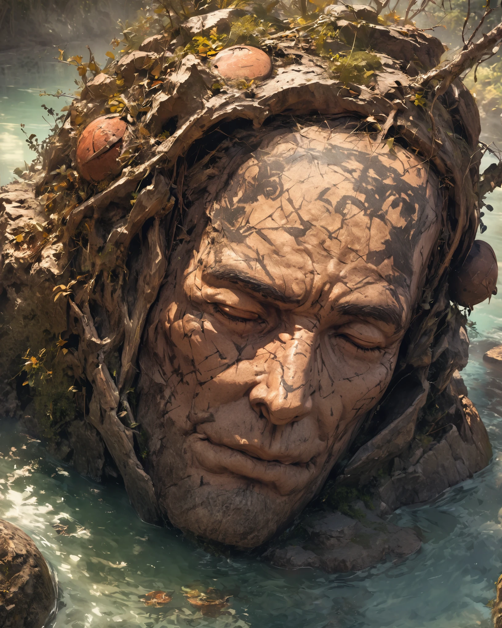 from above, bokeh, UHD, masterpiece, high details, high quality, award winning, best quality, highres, 16k，
(Looking up angle），Big Dumb Object，（Portrait of huge handsome man head sculpture collapsed in water：1.3），Great Wilderness，Dense fog，old，Dead branches，Art style of Philip Hodas，Matte of the human soul, realism ，BDO works by American digital artist Stuart Lippincott，Use advanced tones and shading，Creates a dazzling and mysterious light，The deep spatial pattern and mysterious atmosphere,Create a sci-fi mechanical god realm,Highlighting the insignificance of human beings，and fear of the unknown，minimalist art，fantasy，Surrealism，in style of Sharpie drawing, portrait, beautiful detailed