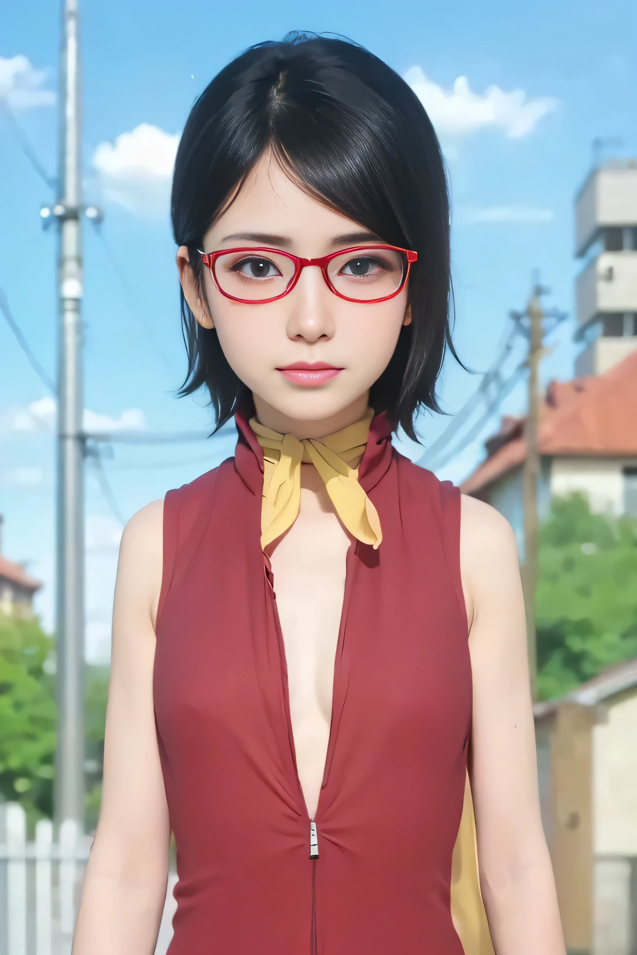 masterpiece, best quality, (realistic,photo-realistic:1.4), (RAW photo:1.2), extremely detailed CG unity 8k wallpaper, delicate and beautiful, amazing,finely detail, official art, absurdres, incredibly absurdres, huge filesize, ultra-detailed,extremely detailed eyes and face,light on face,sarada,(little smile),(black hair:1.4),(short hair:1.6),(wearing underwear:1.5),window,(wearing red framed glasses:1.4),(small breast:1.3),yellow scarf,white t-hsirt