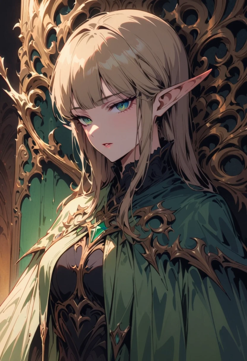 masterpiece, best quality, 1 female, alone, medium blonde, Vibrant green eyes, looking at the audience, cape, High quality metal texture, coat, Keep your mouth shut, Bangs, Boss, fantasy aesthetics, Very detailed, shadow poetry style, Executor Outfit, elf ears, fixed hand