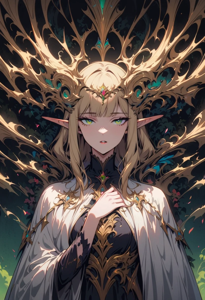 masterpiece, best quality, 1 female, alone, medium blonde, Vibrant green eyes, looking at the audience, cape, High quality metal texture, coat, Keep your mouth shut, Bangs, Boss, fantasy aesthetics, Very detailed, shadow poetry style, Executor Outfit, elf ears, fixed hand