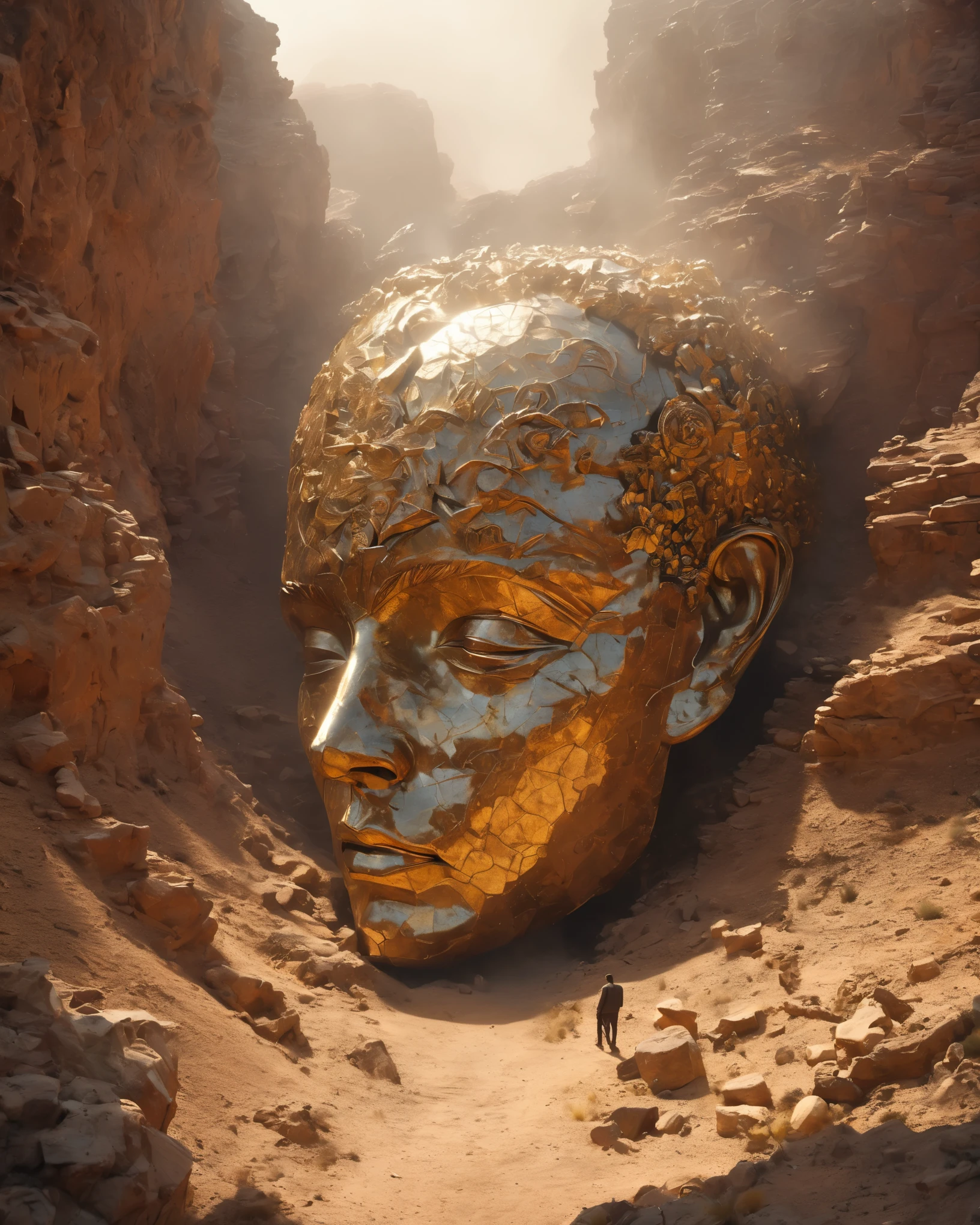 from above, bokeh, UHD, masterpiece, high details, high quality, award winning, best quality, highres, 16k，
(Looking up angle），Big Dumb Object，（Portrait of huge sculpture of handsome man&#39;s head collapsed in desert：1.3），（A little man is looking at the sculpture：1.0），Great Wilderness，Dense fog，old，Art style of Philip Hodas，Matte of the human soul, realism ，BDO works by American digital artist Stuart Lippincott，Use advanced tones and shading，Creates a dazzling and mysterious light，The deep spatial pattern and mysterious atmosphere,Create a sci-fi mechanical god realm,Highlighting the insignificance of human beings，and fear of the unknown，minimalist art，fantasy，Surrealism，in style of Sharpie drawing, portrait, beautiful detailed