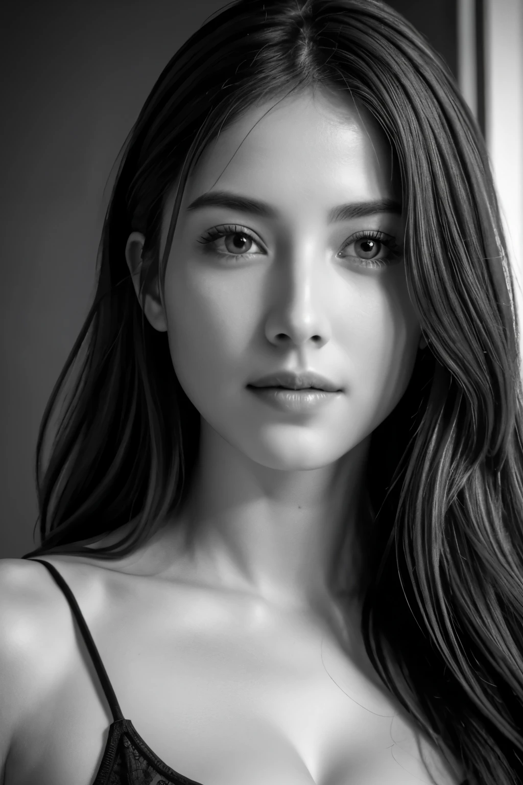 table top, highest quality, Photoreal, Super detailed, finely, High resolution, 8k wallpaper, RAW photo, Professional, Advanced level of detail, (((monochrome photography))), 1 girl, (facing the front), Upper body, perfect face, (Only lips red)