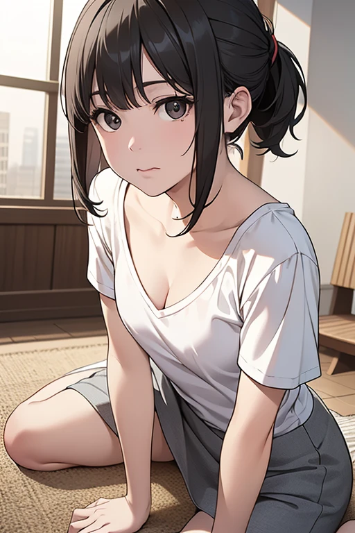 masterpiece, High resolution,High-definition CG Unity 8K,realistic,beautiful and detailed face, white skin,detailed hair textu,1 girl,black eyes,black hair,small breasts,low ponytail,(white V-neck T-shirt),(dynamic angle),(at night),room,sit on the floor,looking at viewer,(wavy mouth:1.2)