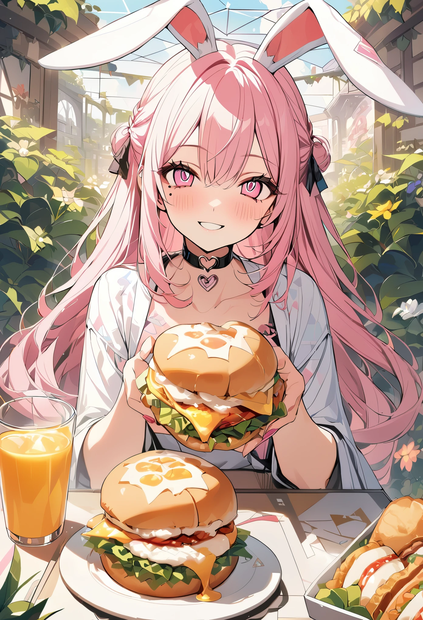 Anime girl avec des oreilles de lapin mangeant un sandwich et du jus  d'orange - SeaArt AI