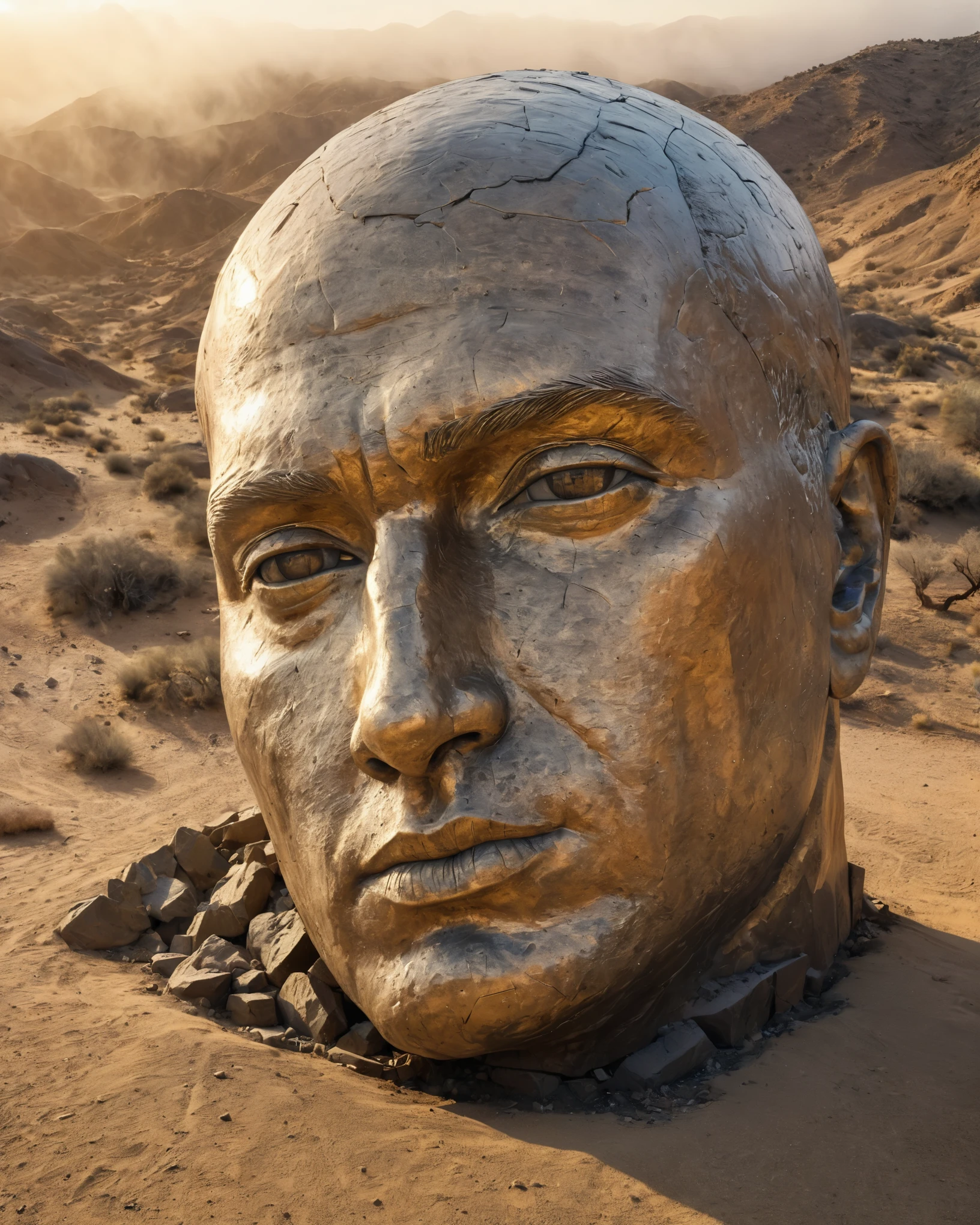 from above, bokeh, UHD, masterpiece, high details, high quality, award winning, best quality, highres, 16k，
(Looking up angle），Big Dumb Object，（Portrait of huge sculpture of handsome man&#39;s head collapsed in desert：1.3），（A little man is looking at the sculpture：1.0），Great Wilderness，Dense fog，old，Art style of Philip Hodas，Matte of the human soul, realism ，BDO works by American digital artist Stuart Lippincott，Use advanced tones and shading，Creates a dazzling and mysterious light，The deep spatial pattern and mysterious atmosphere,Create a sci-fi mechanical god realm,Highlighting the insignificance of human beings，and fear of the unknown，minimalist art，fantasy，Surrealism，in style of Sharpie drawing, portrait, beautiful detailed