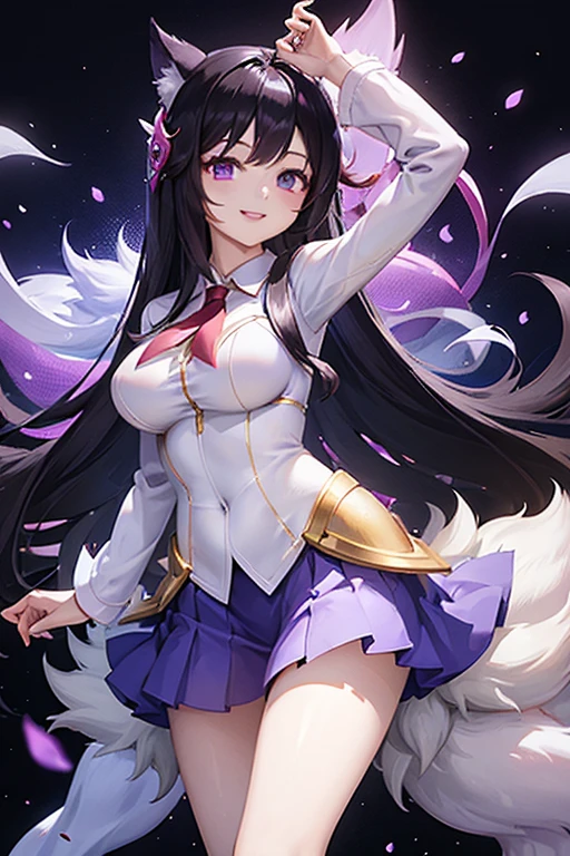 (((Black hair))), long hair, purple eyes, beautiful body, masterpiece, smile, ahri ahri \(league of legends\) k/da \(league of legends\) spirit blossom \(league of legends\)