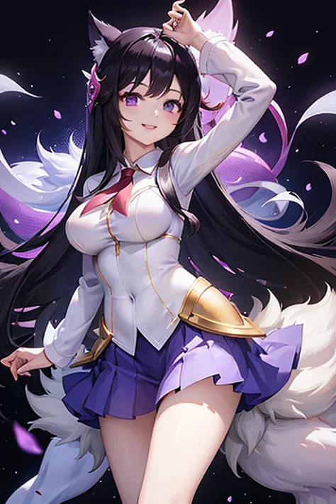 (((black hair))), long hair, purple eyes, beautiful body, masterpiece, smile, ahri ahri \(league of legends\) k/da \(league of l...