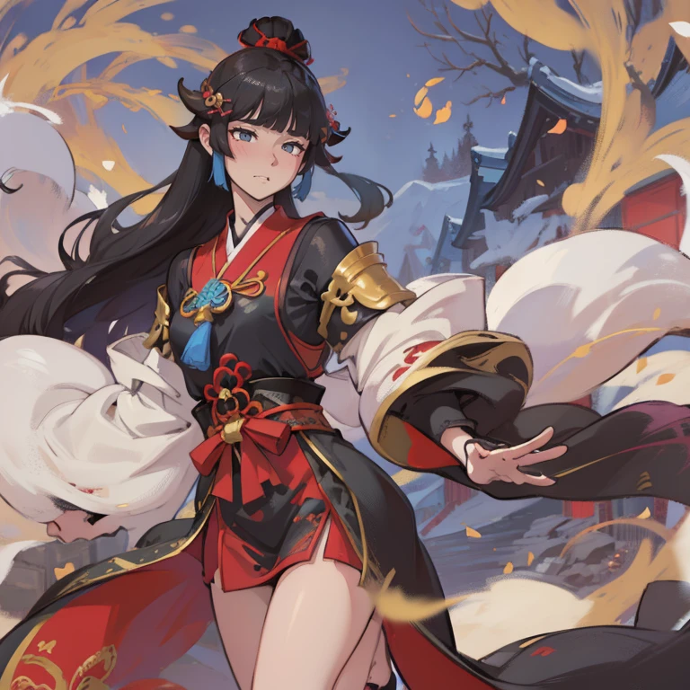 Rote und schwarze Kleidung tragen、Anime-Mädchen, das einen Fächer hält, Keqing aus Genshin Impact, Zhongli von Genshin Impact, onmyoji detailed art, Autor：Yang Jie, G Liulischer Kunststil, onmyoji, heise jinyao, Ayaka Genshin Impact, Genshin, onmyoji portrait, Ganzkörper-Xianxia, Bian Lian，Ganzkörperporträt