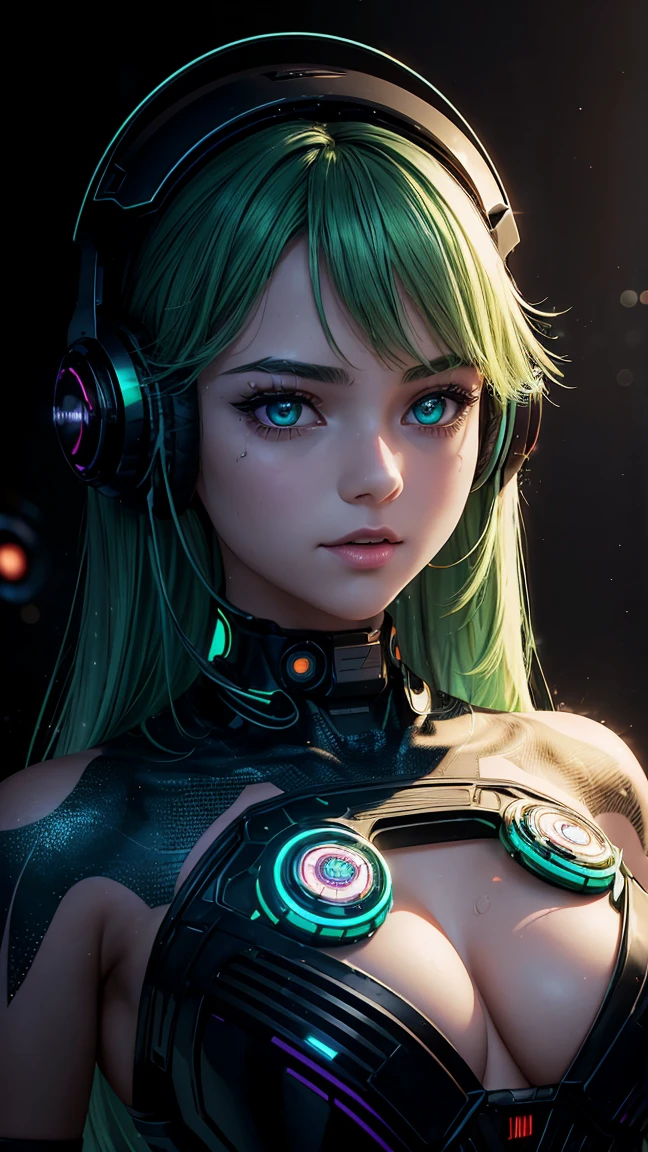 Belle ado androïde, Oui, je le fais, seulement, adorable mignonne , fascinant, visage expressif, fille virtuelle, ((cheveux détaillés dégradé vert bleu doré)), style futuriste cyberpunk, ((yeux marron vitreux brillants)), yeux enfumés, peau réaliste illuminée nacrée, Corps courbé, décolleté moyen, lèvres charnues rougeâtres brillantes et humides, Fermer, Coup moyen, tir à moitié du corps, HDR, ultra haute définition, la plus haute qualité, absurdes, chef-d&#39;œuvre, monde numérique, (fond noir), scintillant, embrasé light particles, Concentrez-vous sur le visage, accessoires de tête cybernétique, casque futuriste sans fil, microphone,  texture très détaillée, contraste, ondulés vert vif bleu orange couleurs cheveux, embrasé, Torse nu, épaule nue, décolleté profond, poussière de particules légères, colorful embrasé orbs, feux de jante, rétro-éclairé, rire séduisant, Shocker métallique numérique moderne, plein de seins, cadre central, ((code barre d&#39;identité numérique tatoué sur le sein gauche)), juvénile, jeune, jeune, adorable, La mignonne, ((10 ans)), rire enchanteur, ((totalement nu)), Grandes hanches