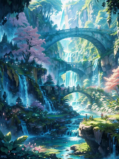 a painting of a garden with a waterfall and a bridge, floral environment, anime scenery concept art, anime background art, magic...