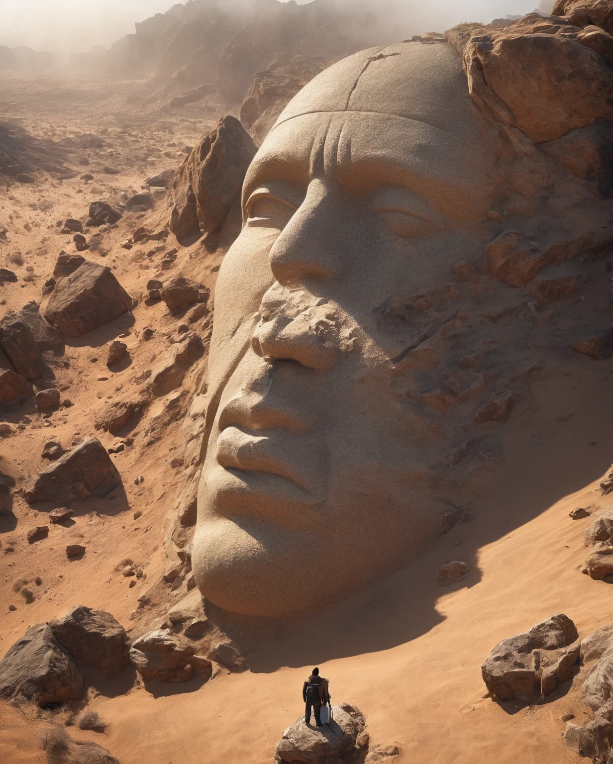 from above, bokeh, UHD, masterpiece, high details, high quality, award winning, best quality, highres, 16k，
(Looking up angle），Big Dumb Object，（Portrait of huge sculpture of handsome man&#39;s head collapsed in desert：1.3），（A little man is looking at the sculpture：1.0），Great Wilderness，Dense fog，old，Art style of Philip Hodas，Matte of the human soul, realism ，BDO works by American digital artist Stuart Lippincott，Use advanced tones and shading，Creates a dazzling and mysterious light，The deep spatial pattern and mysterious atmosphere,Create a sci-fi mechanical god realm,Highlighting the insignificance of human beings，and fear of the unknown，minimalist art，fantasy，Surrealism，in style of Sharpie drawing, portrait, beautiful detailed