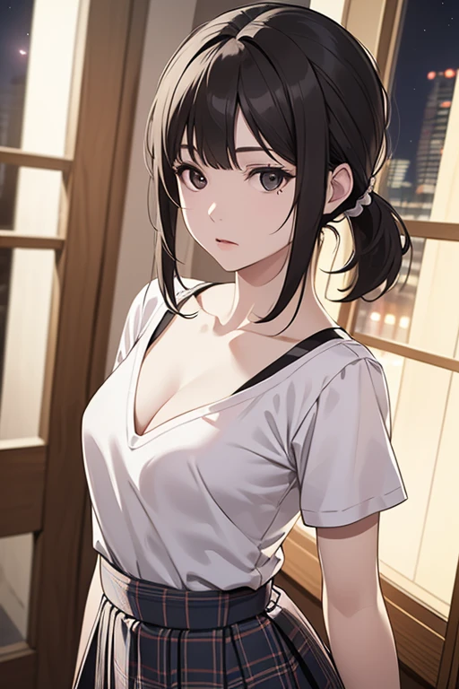 masterpiece, High resolution,High-definition CG Unity 8K,realistic,beautiful and detailed face, white skin,detailed hair textu,1 girl,black eyes,black hair,small breasts,low ponytail,(white V-neck T-shirt),(dynamic angle),(at night),room,looking at viewer,(plaid long skirt:1.2)