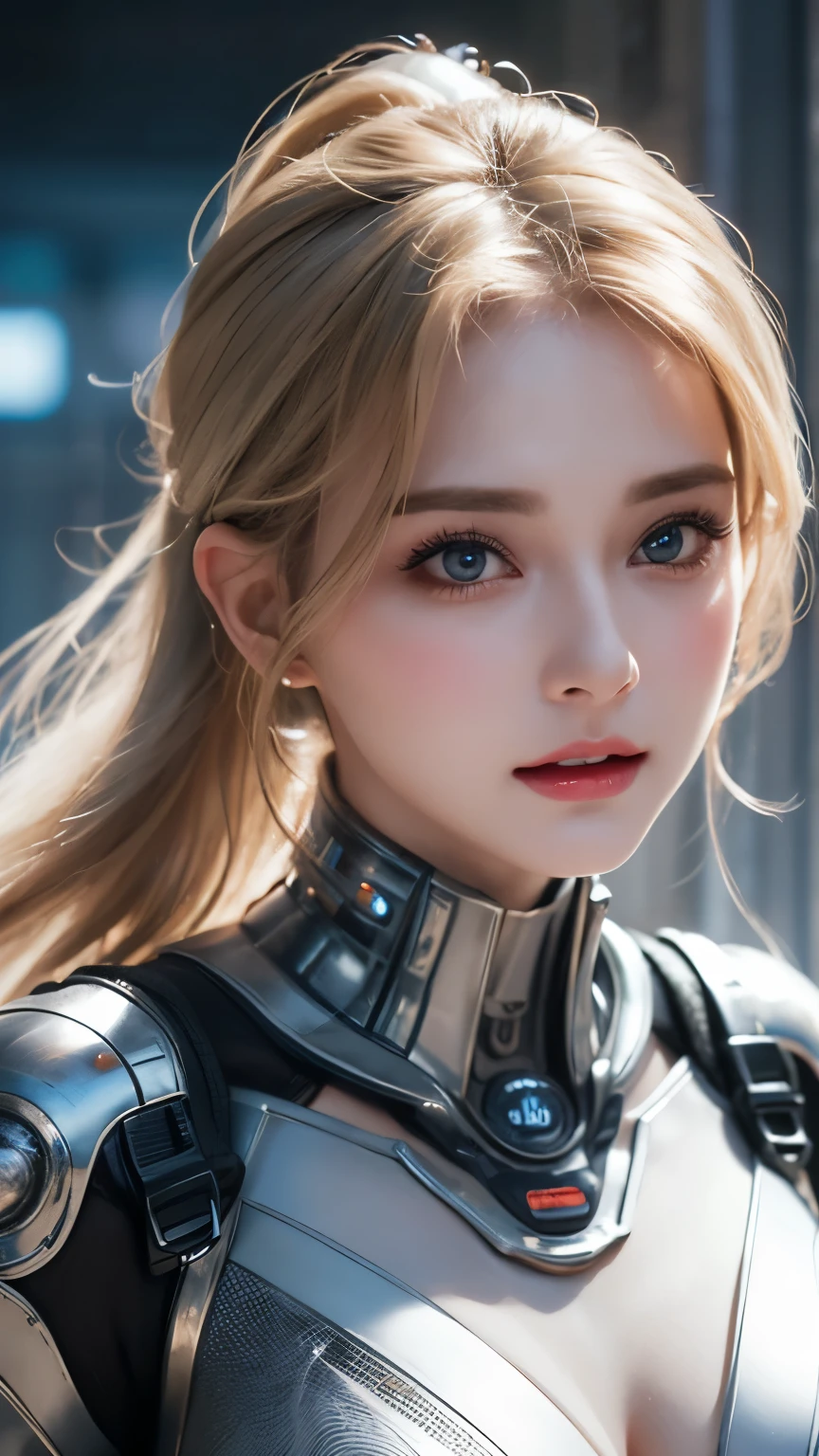 A close-up head and chest portrait of a pretty and cute woman, her chest adorned with pneumatic tubes that give her a unique and futuristic appearance. The highly detailed digital rendering captures every aspect of her beauty, from her delicate features to the intricate tubes.