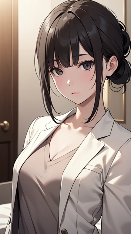 masterpiece, High resolution,High-definition CG Unity 8K,realistic,beautiful and detailed face, white skin,detailed hair textu,1 girl,black eyes,black hair,small breasts,low ponytail,(white V-neck T-shirt),(dynamic angle),(at night),room,looking at viewer,(Tailored jacket:1.2)