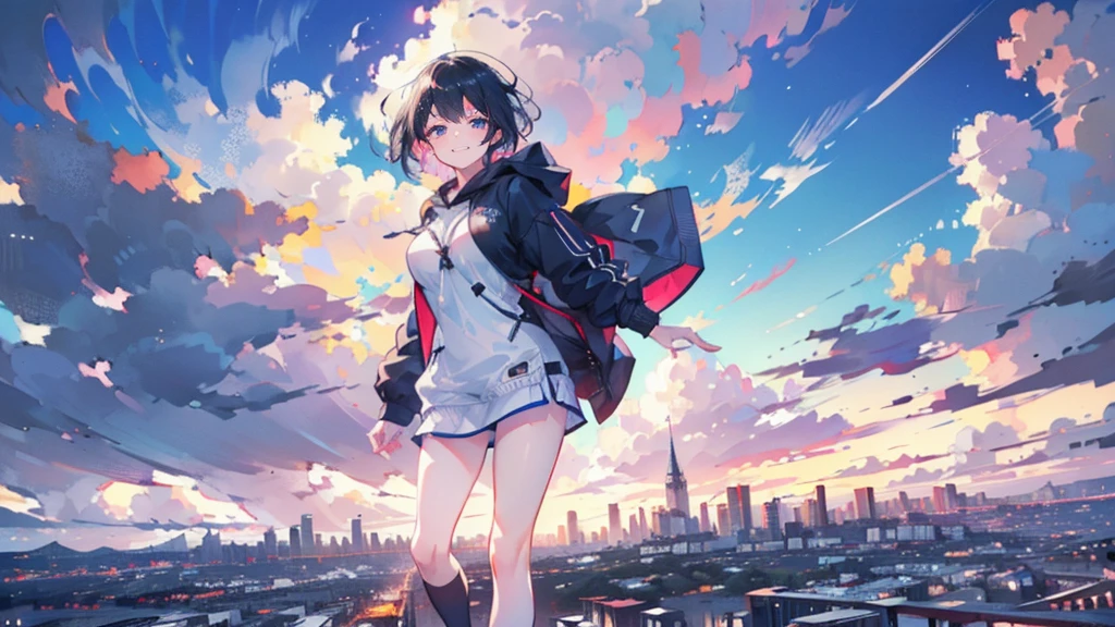 Delicate and beautiful hair, eyes and face, realistic, super detailed, beautiful girl, blue sky, (side light:1.2), Light of the sun, White cloud, detailed clouds, thin, smile showing teeth, ((smile with eyes, open both eyes)), scenery,building, (cityscape:1.7), short hair, blue glowing eyes, black long socks,hair ornaments, epic scenery,thick_thighs,big breasts,black hair,highest quality,city,building,red sunset,look down,1 girl,detailed face,beautiful eyes,hoodie,boyish girl,
