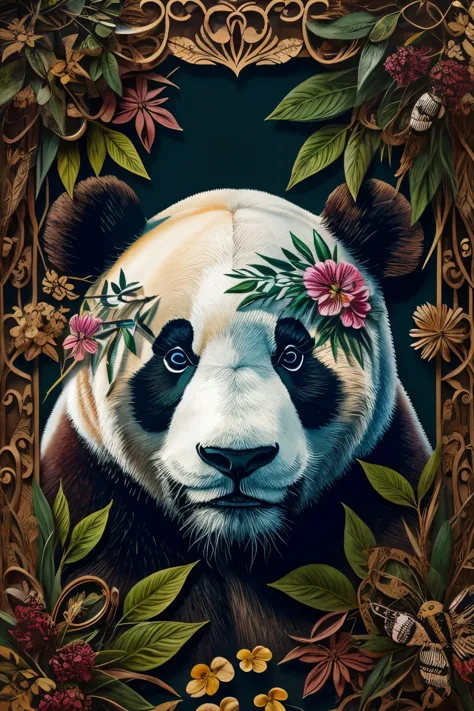 contemporary art collage, panda head, front，with flowers and leaves, some smart insects, painted, super detailed, full color, br...