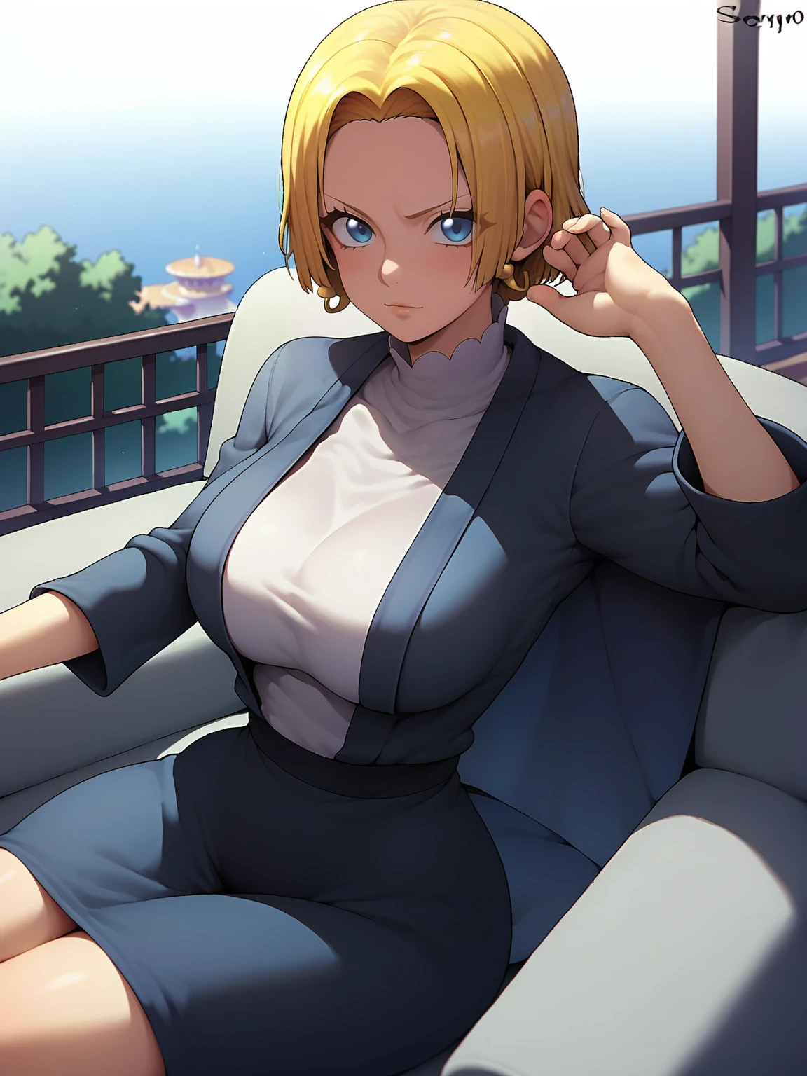 score_9,score_8_up,score_7_up,rating: general,1girl,solo, short hair,breasts,looking at viewer,blush,large blonde hair, closed mouth,shexyo, shexyo style, boa hancock, couch, balcony, fancy couch, white couch, one piece 