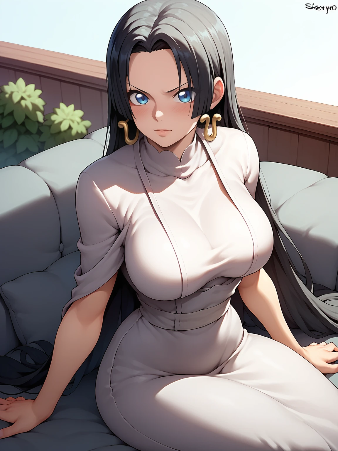 score_9,score_8_up,score_7_up,rating: general,1girl,solo, long hair,breasts,looking at viewer,blush,tits, closed mouth,shexyo, shexyo style, boa hancock, couch, balcony, fancy couch, white couch, one piece, fancy, 