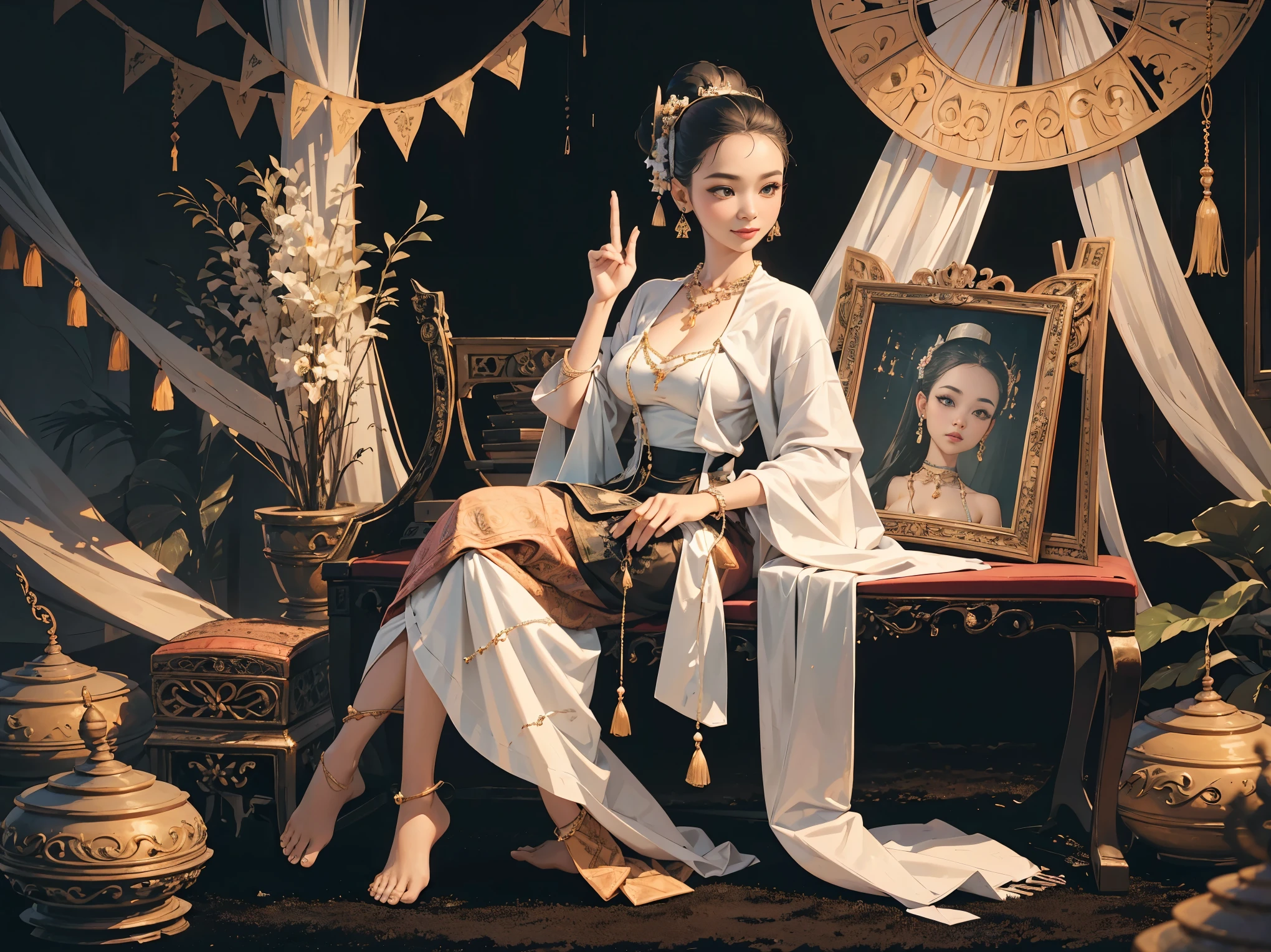 (retro pictures), (Solo),(Lanna), (Burmese girl), (realistic:1.3), Crazy details, quality, (Masterpiece:1.2), (photorealistic:1.2), (best quality), (Fine skin:1.3), (complicated details), Ray Tracing, ((full body)), ((ผู้หญิง 1 person)), (((1 person))), 30 years old, My hair is very long., smile, purple dress, patterned skirt, Contrasting colors between dresses and skirts, skirt pattern, earring, necklace, Javanese jewelry, (blurred background), eye on camera, Breast cleavage, medium sized breast