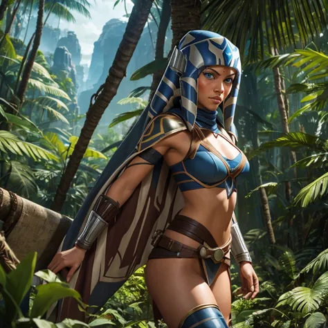 Sexy star warrior character Ahsoka Tano, with breasts and beautiful eyes, Against the backdrop of the jungle, realism