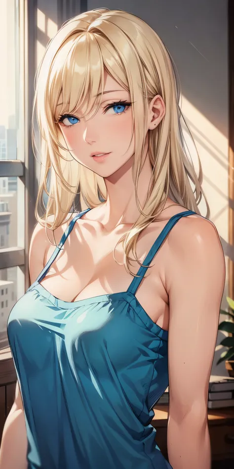 portrait, realistic, blue eyes, blonde hair, big breast, 4k resolution, high quality cg, beautiful cg, soft light, 