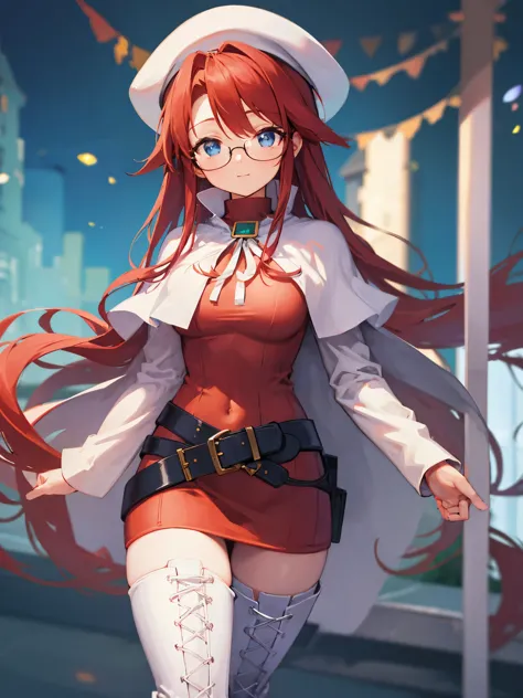 summonnightaty, aty, long hair, blue eyes, red hair, beret, hat, glasses,
break long hair, thighhighs, hat, dress, boots, glasse...