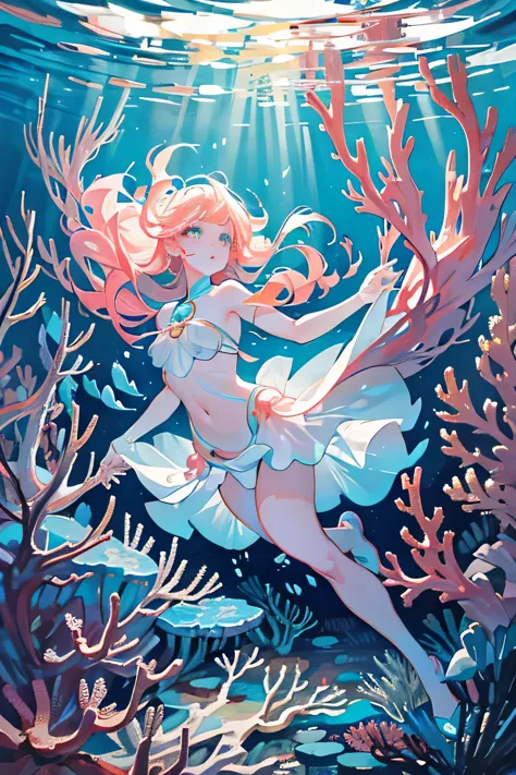 A young girl underwater, illuminated by the light, discovering a large, glowing pearl. She swims among vibrant coral reefs and s...