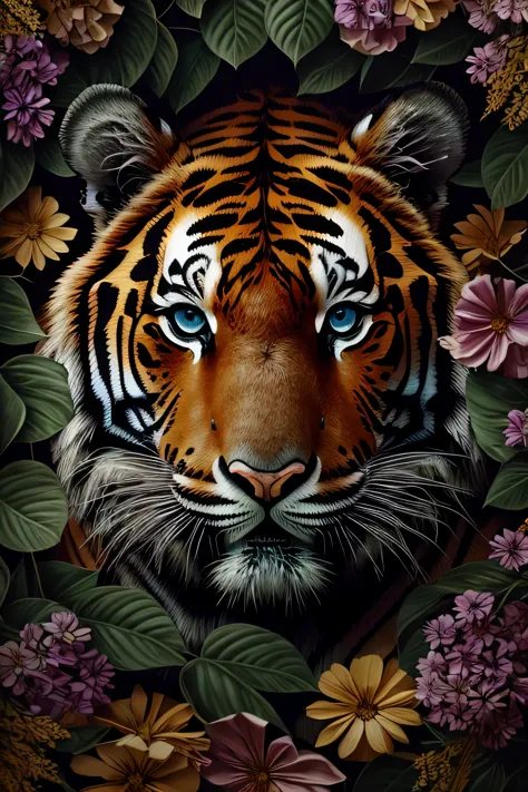 contemporary art collage, tiger big head, front view, with amidst blooming realistic flowers and leaves cover whole image, with ...