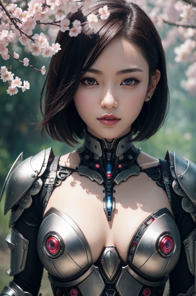 beautiful japanese young woman, wearing cyborg armor made of gear, thick symmetrical features, very short hair, background is cherry blossoms, pink aura, red lips, octane render,