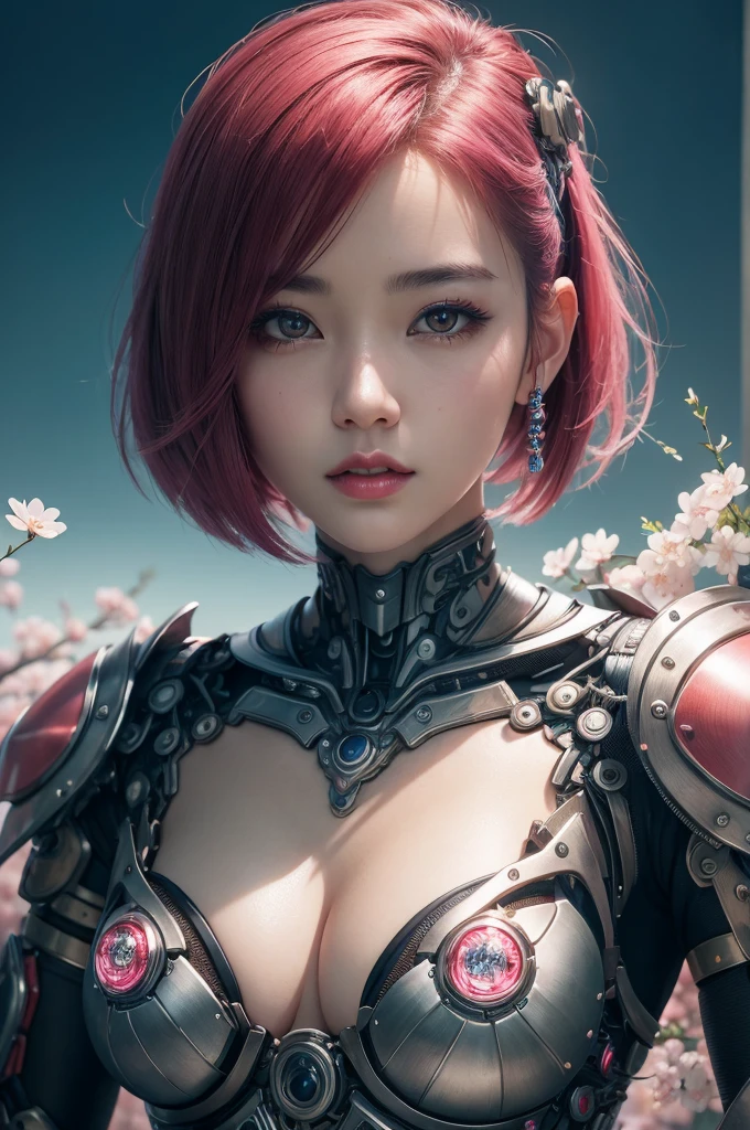 belle jeune femme japonaise, portant une armure de cyborg faite d&#39;équipement, traits symétriques épais, cheveux très courts, le fond est des fleurs de cerisier, aura rose, lèvres rouges, rendu d&#39;octane,