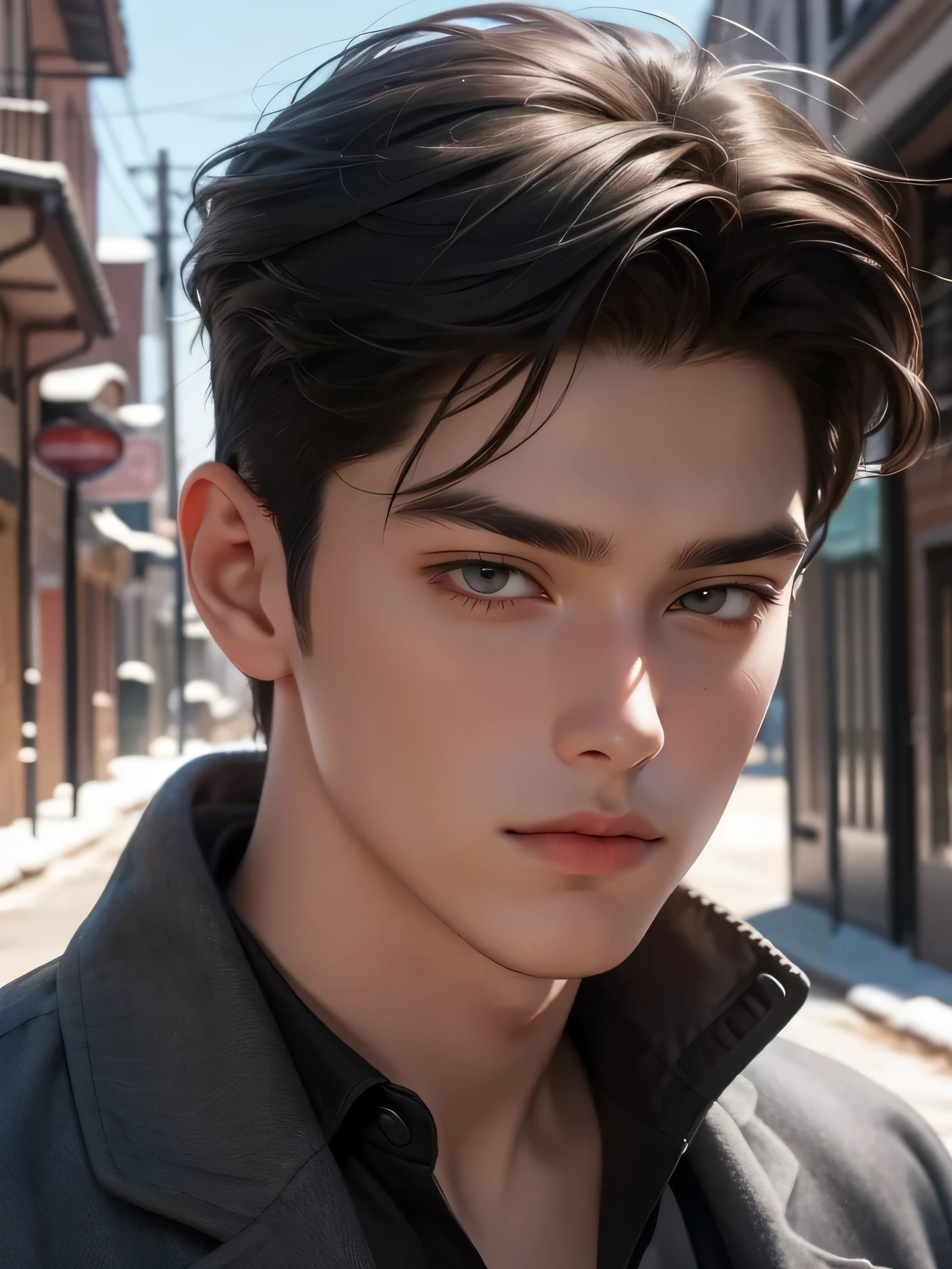 masterpiece, best quality, realistic, 1man, mature male, quiet and charming young man, 20 years old, close his eyes, serious, closed mouth, extremely detailed face, cold, ((dark grey eyes)), ((short-right-swept dark brown hair)), [thick eyebrows], ((hunter)), accurate, detailed, ((town))