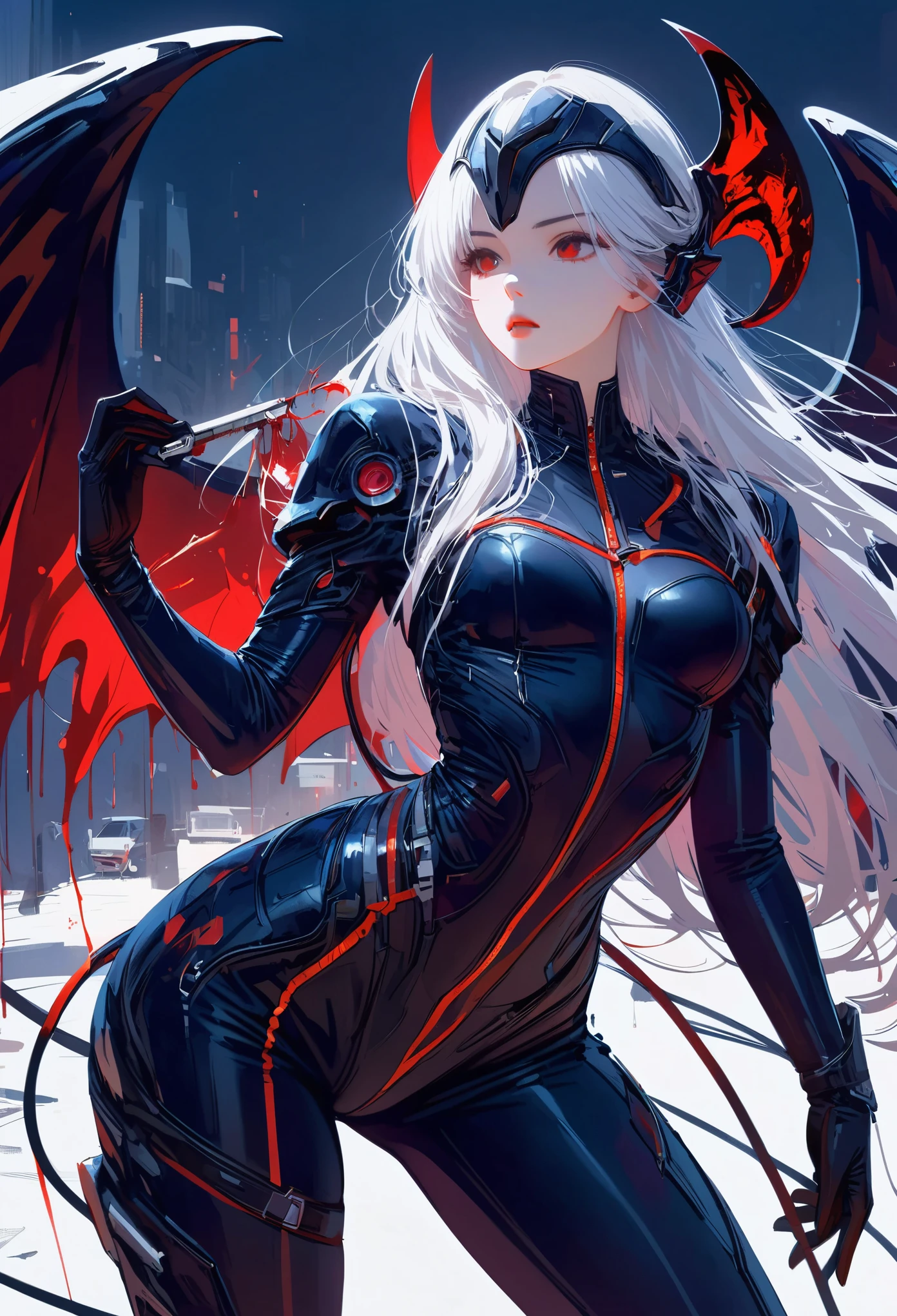 masterpiece， best quality， 8K， number， 1 girl， alone， stand up， youth， white hair， long white hair， hair accessories， Red eyes， round pupils， Emotionless expression， Blood stained mechanical parts， electric wire， cable， failure effect， scary， Science fiction， futuristic， The background inside is darker， neon lights， cyberpunk characters， surreal， Strange， Disturbing， spine-chilling， scary， Rompers，Red eyes，Venom Possession，blackened，Long black gloves，Jumpsuits，Tight latex jumpsuit，Highlight her graceful figure,将整个身体包裹stand up，symbiont，（（Raised sexy）），Rompers，Red eyes，Venom Possession，blackened，Long black gloves，Jumpsuits，Black latex clothing，Blood-Red eyes，best quality, High resolution, super detailed, Vivid textures, mask, Tight latex jumpsuit, Bangs,purple hair, blue eyes