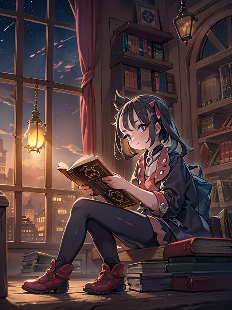 A 10-year-old girl sitting on a window sill and reading a book、cowboy shot:1.2,((pokemon'smarnie:1.2)),(super detailed illustrat...