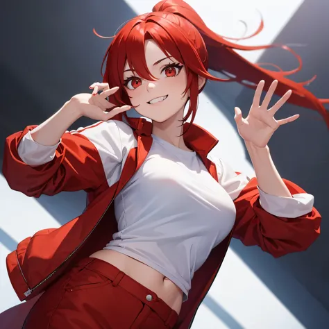 1 girl, red hair, red eyes, ponytail,White t-shirt, red fur jacket, white trousers, waving, grinning,half body photo,best qualit...