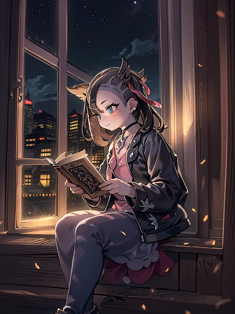 A 10-year-old girl sitting on a window sill and reading a book、cowboy shot:1.2,((pokemon'smarnie:1.2)),(super detailed illustrations:1.2),(masterpiece, 8K), (最high quality, high quality:1.4), perfect anatomy, very detailed, super detailed,masterpiece background,beautiful detailed background, v8K wallpaper,perfect design,award winning art,stand in front of the photo、highest quality、Only one person depicted:1.2,smile:1.2 Storybook Wide Shot:hd、near the window、Sitting in the castle、leaning against the window、dramatic reading book pose、book portrait、Dramatic Reading Magic Book Pose、Window light、reading in a library、near the window、cityscape at night、fantastic light at night