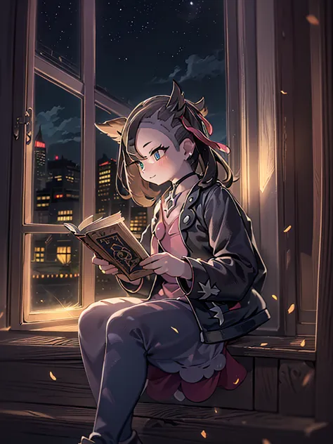 a 10-year-old girl sitting on a window sill and reading a book、cowboy shot:1.2,((pokemon'smarnie:1.2)),(super detailed illustrat...