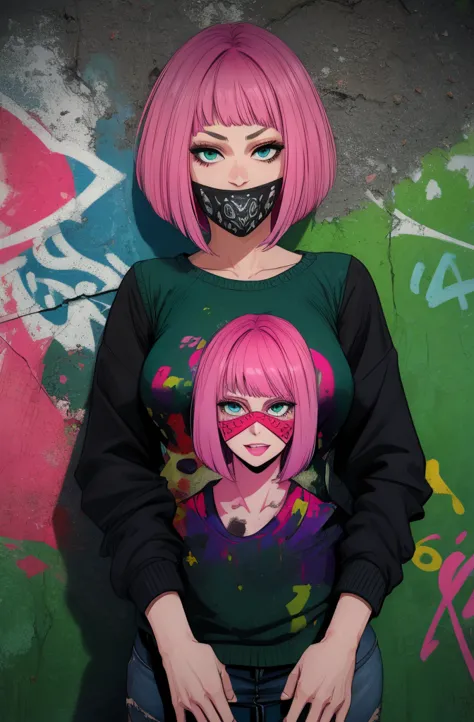 nea,black hair,blue eyes,pink hair,mouth mask, bob cut, 
green jacket,   
standing,upper body,smile,
night,abandoned buildings,g...