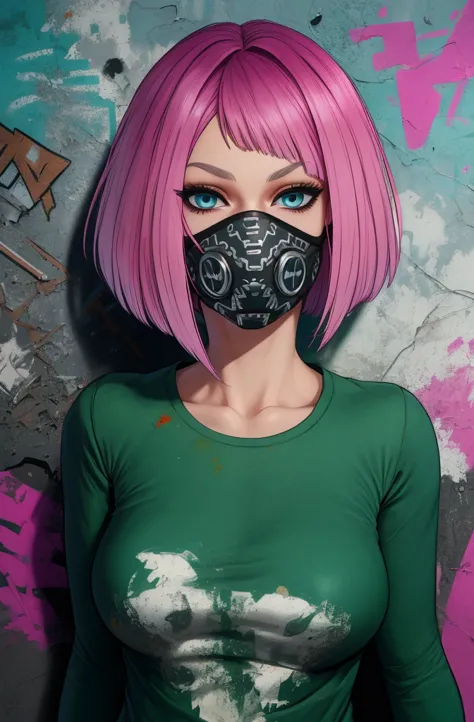 nea,black hair,blue eyes,pink hair,mouth mask, bob cut, 
green jacket,   
standing,upper body,smile,
night,abandoned buildings,g...