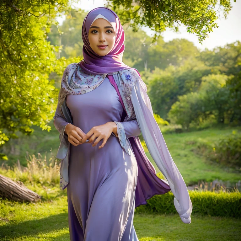 half body, beautiful muslimah girls, wearing traditional silk baju kurung, ultra-detailed, detailed faces, detailed skins, 8k masterpieces, cinematic lighting, firm push-up bosom, voluptuous bosom, slim and slender body, long hijab, eid mubarak, in malay village, in the meadow