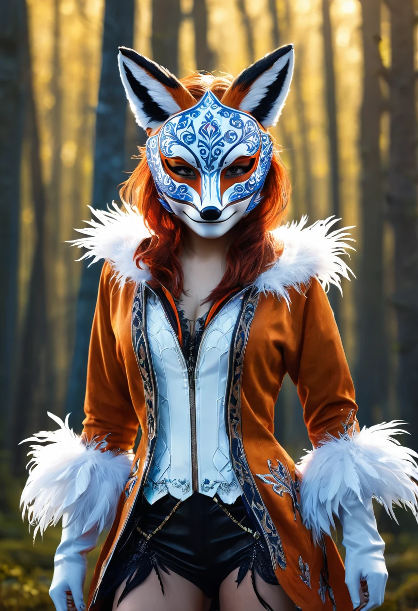 1 girl,alone,, official art, unified 8k wallpaper, Super detailed, fair and aesthetic, fair, masterpiece, best quality,, fox demon, fox mask, Feather jacket, foxfire spell, familiar fox, Transformation,