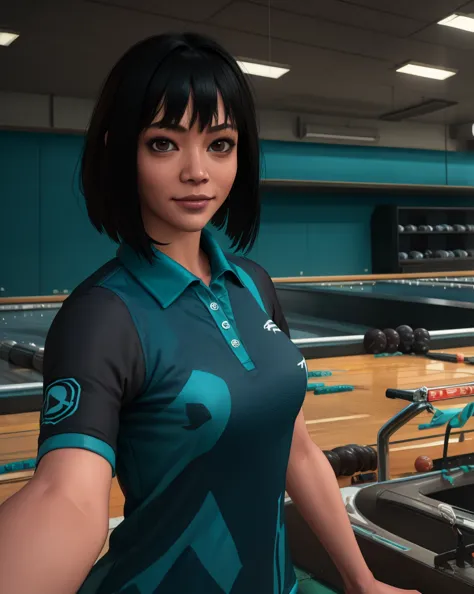 FengMin,black bob cut,brown eyes,
standing,upper body, light smile, 
black and teal collared shirt,short sleeves,
bowling alley,...
