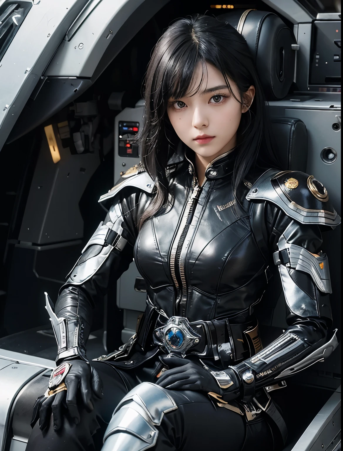 A beautiful woman. Black hair. Twenty-five years old. She wears a metallic battle uniform that covers her entire body in black. There is something on his waist that is reminiscent of Kamen Rider's transformation belt. She is sitting in the cockpit of a small spaceship. She is looking at the camera with a serious expression.