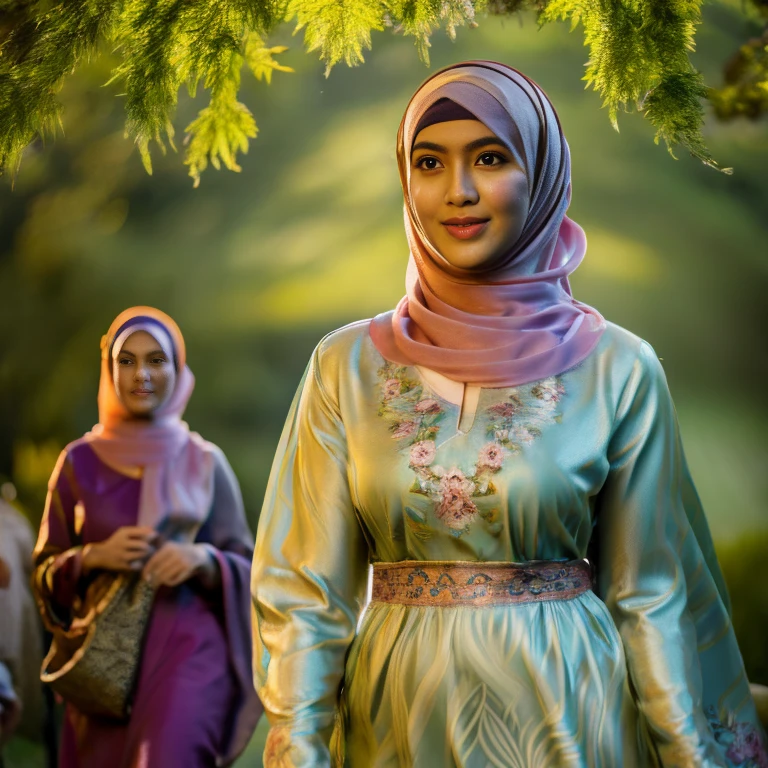 half body, beautiful muslimah girls, wearing traditional silk baju kurung, ultra-detailed, detailed faces, detailed skins, 8k masterpieces, cinematic lighting, firm push-up bosom, voluptuous bosom, slim and slender body, long hijab, eid mubarak, in malay village, in the meadow