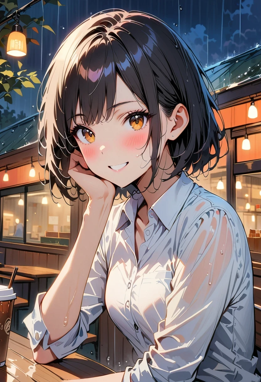 (8K, top quality, masterpiece: 1.2), (actual, photoactual: 1.37), super detailed, 1 girl, 17 years old, alone, small breasts, beautiful detailed sky, Detail of cafe, night, (blush), (Smile: 1.15), (Keep your mouth shut), small, (collared shirt: 1.1), night, wet, office clothes, rain, white lace, (short hair: 1.2), Flowing HairNovaFrogStyle, casual sexy pose,