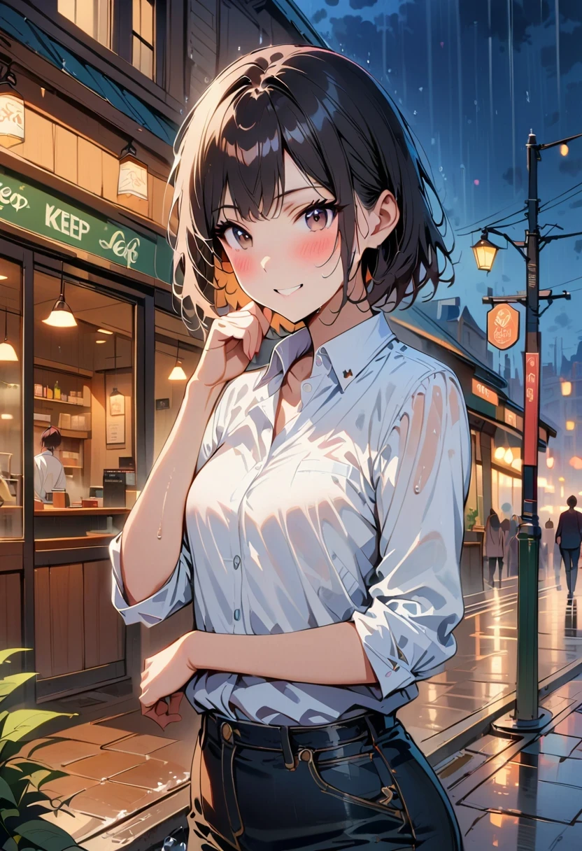 (8K, top quality, masterpiece: 1.2), (actual, photoactual: 1.37), super detailed, 1 girl, 17 years old, alone, small breasts, beautiful detailed sky, Detail of cafe, night, (blush), (Smile: 1.15), (Keep your mouth shut), small, (collared shirt: 1.1), night, wet, office clothes, rain, white lace, (short hair: 1.2), Flowing HairNovaFrogStyle, casual sexy pose,