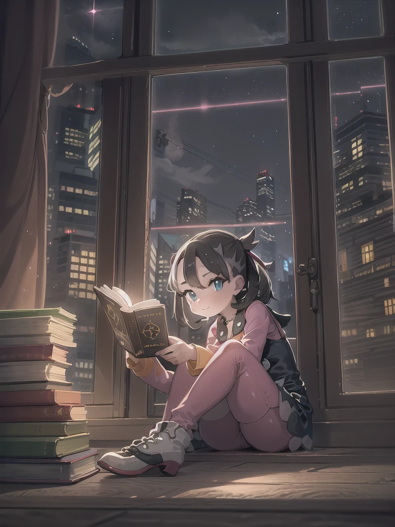 A 10-year-old girl sitting on a window sill and reading a book、cowboy shot:1.2,((pokemon'smarnie:1.2)),(super detailed illustrations:1.2),(masterpiece, 8K), (最high quality, high quality:1.4), perfect anatomy, very detailed, super detailed,masterpiece background,beautiful detailed background, v8K wallpaper,perfect design,award winning art,stand in front of the photo、highest quality、Only one person depicted:1.2,smile:1.2 Storybook Wide Shot:hd、near the window、Sitting in the castle、leaning against the window、dramatic reading book pose、book portrait、Dramatic Reading Magic Book Pose、Window light、reading in a library、near the window、cityscape at night、fantastic light at night