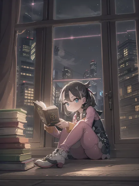 A 10-year-old girl sitting on a window sill and reading a book、cowboy shot:1.2,((pokemon'smarnie:1.2)),(super detailed illustrat...