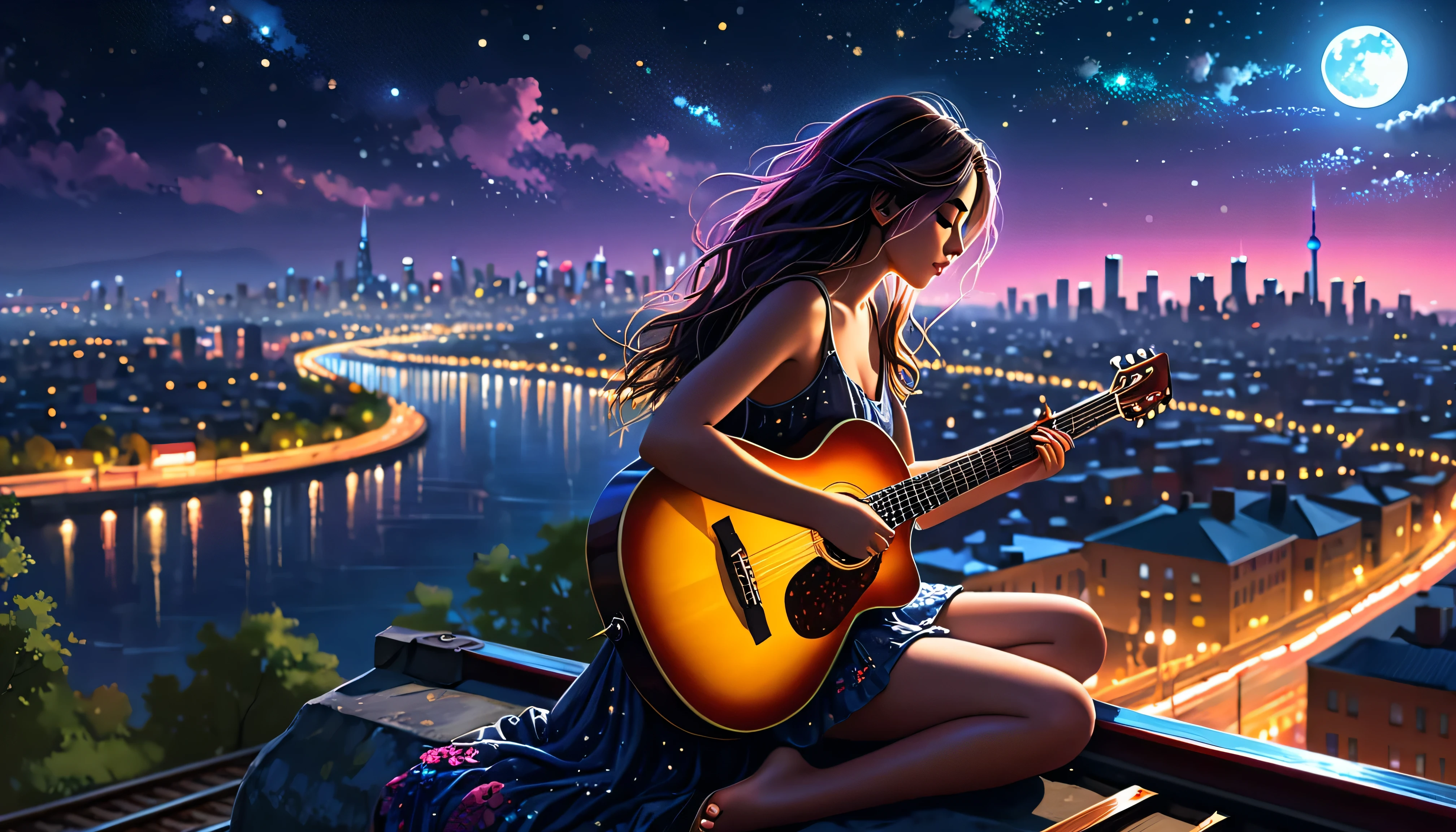 (beste Qualität,4k,8k,highres,Meisterwerk:1.2),Uma Mädchen sitzt allein in der Nacht mit ihrer Gitarre mit dem Rücken zur Kamera, Blick auf eine hell erleuchtete Stadt in der Nacht, mit einem Zug am Horizont,ultra-detailliert,realistisch:1.37,Porträts,Illustration,Malerei,,still,melancholisch,dunkle Farben,stimmungsvolle Beleuchtung,Bunte Lichter der Stadt,Musikalisches Talent,romantische Atmosphäre,ruhiger Nachthimmel,friedliche Atmosphäre,Sanft beleuchtet,bezaubernde Landschaft,ausdrucksstarke Augen,Haare wehen im Wind,lebendige Großstadtansicht,gefühlvolle Melodien,surreale Stadtlandschaft,leuchtende Sterne,Bäume als Silhouetten,Ätherisches Mondlicht,Umgebungsstimmung,verträumtes Ambiente,detaillierte Gitarrensaiten,nächtliche Abenteuer,Leuchtendes Stadtbild,Melodien, die durch die leeren Straßen hallen,melancholische Melodien erfüllen die Luft.